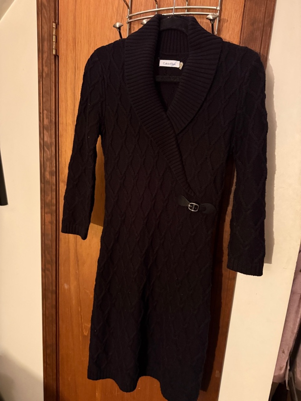 Calvin Klein Black Cable-Knit Shawl-Collar Sweater Dress with Side Buckle